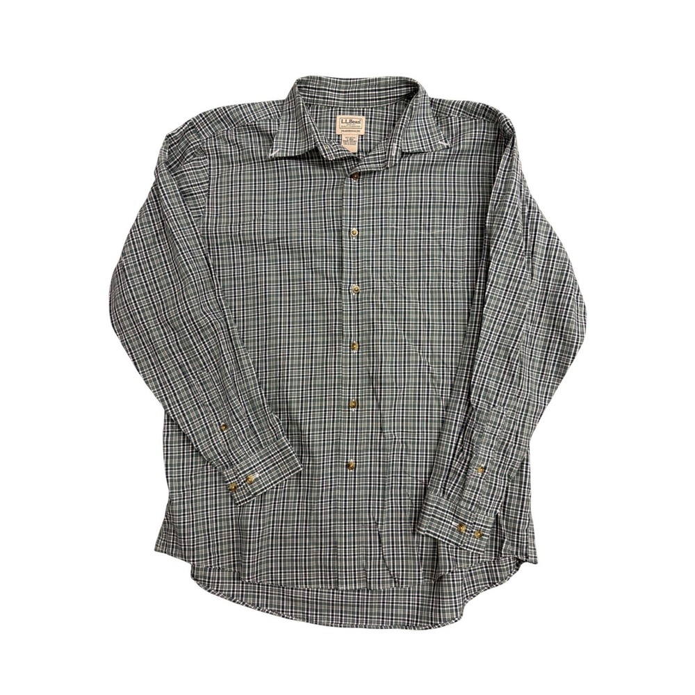 LL Bean Mens Large Traditional Fit Plaid Button Down Shirt Green Blue 503307